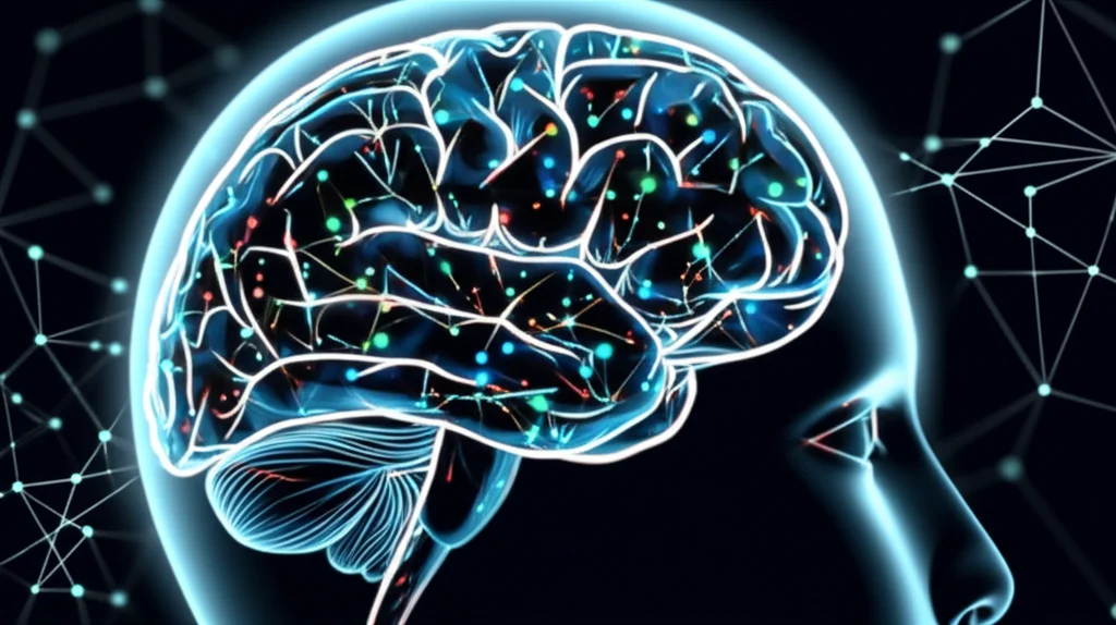 Un'immagine astratta che rappresenta un cervello digitale o una rete neurale complessa, con nodi luminosi e connessioni che simboleggiano il flusso di dati e le decisioni in un sistema di smart home. Macro lens, 60mm, high detail, precise focusing, con illuminazione controllata che enfatizza la complessità e l'intelligenza del sistema.