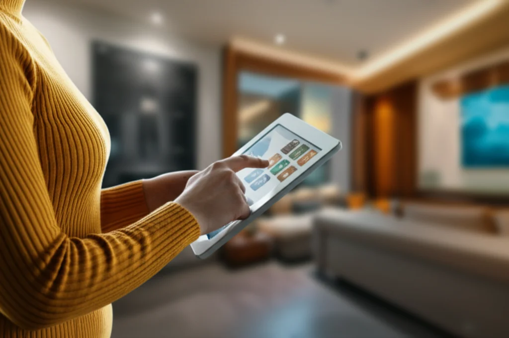 Una persona che interagisce con un tablet mostrando un'interfaccia utente intuitiva per la gestione della smart home. Alle sue spalle, una casa moderna e luminosa con dispositivi intelligenti visibili. Prime lens, 35mm, depth of field, con una palette di colori caldi e accoglienti per trasmettere comfort e facilità d'uso.