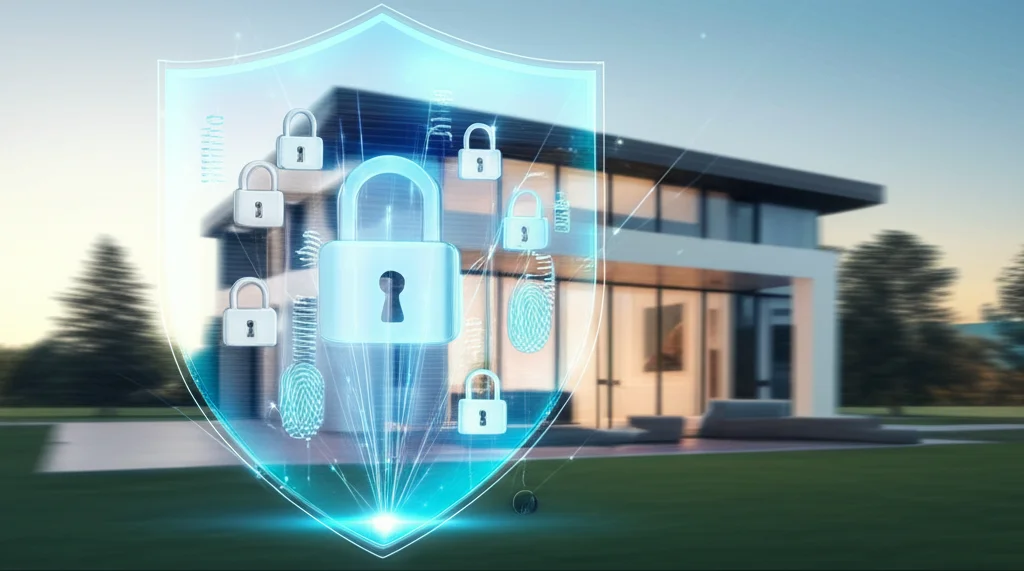 Un'immagine che simboleggia la sicurezza in una smart home: uno scudo digitale trasparente che protegge una casa moderna, con icone di lucchetti e impronte digitali. Telephoto zoom, 100mm, con un effetto di fast shutter speed per dare un senso di protezione attiva e dinamica.