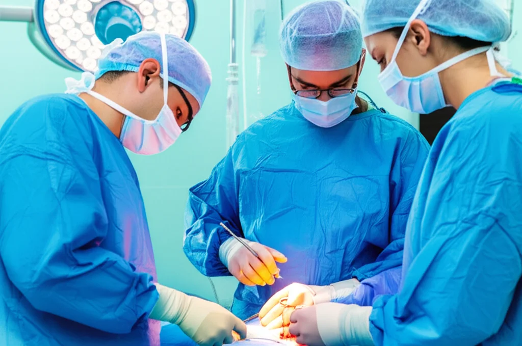 Fotografia di un team chirurgico in una sala operatoria moderna, intenti in un intervento di gastrectomia. Luci chirurgiche intense focalizzate sul campo operatorio, teleobiettivo zoom 100-400mm per catturare l'azione con profondità di campo, mettendo in risalto la precisione dei gesti.