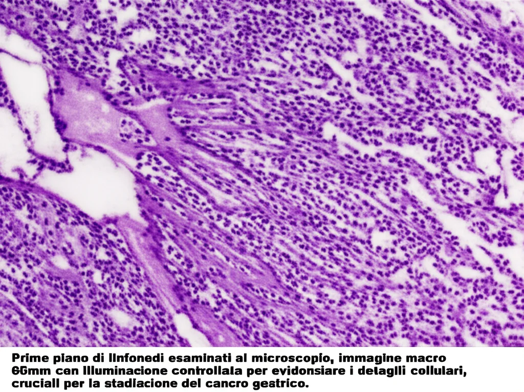 Primo piano di linfonodi esaminati al microscopio, immagine macro 60mm con illuminazione controllata per evidenziare i dettagli cellulari, cruciali per la stadiazione del cancro gastrico.