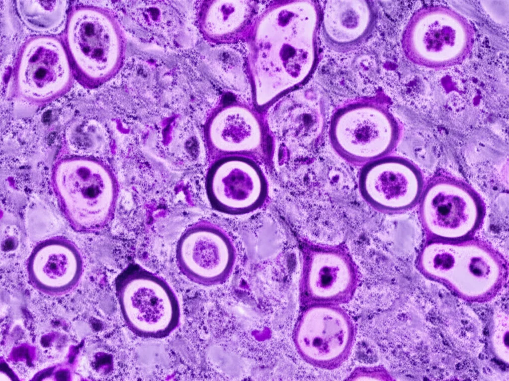 Microscopio elettronico a scansione che mostra adipociti bovini in diverse fasi di differenziazione, con goccioline lipidiche di varie dimensioni ben visibili. Macro lens, 100mm, high detail, precise focusing, controlled lighting, colori realistici ma con un leggero viraggio seppia per un tocco scientifico-vintage.