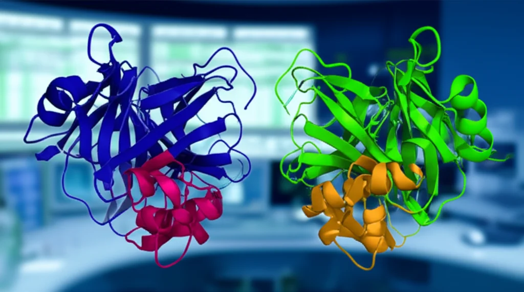 Visualizzazione 3D comparativa delle due isoforme proteiche FADS2-T0 e FADS2-T2, con la regione mancante di 46 amminoacidi in FADS2-T2 evidenziata in un colore contrastante. Contesto di laboratorio bioinformatico, con schermi che mostrano sequenze genetiche sullo sfondo. Prime lens, 50mm, depth of field, illuminazione da studio che enfatizza le strutture proteiche.