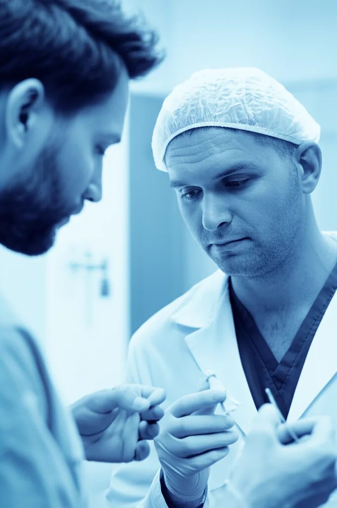 Un operatore sanitario esperto, con segni di stanchezza ma concentrato, mentre supervisiona un giovane collega durante una procedura con aghi in un reparto ospedaliero. Prime lens, 35mm, depth of field, duotone blu e grigio.