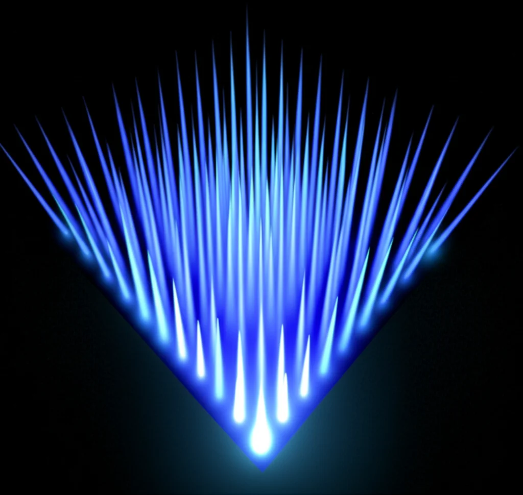 Visualizzazione astratta e artistica di un pettine di frequenza fononico, con picchi spettrali luminosi ed equidistanti che emergono da un segnale di pilotaggio singolo su sfondo scuro. Colori vibranti come blu e arancione che simboleggiano l'energia scambiata tra i modi. Dettaglio elevato sui picchi, effetto profondità di campo.