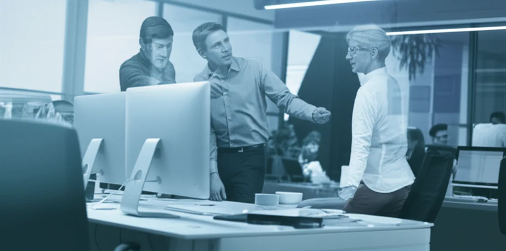 Un team di epidemiologi e statistici analizza grafici complessi su schermi di computer in un ufficio moderno, prime lens, 35mm, depth of field, con colori duotone blu e grigio per dare un'atmosfera seria e concentrata, mentre discutono dei modelli di trasmissione del virus Zika.