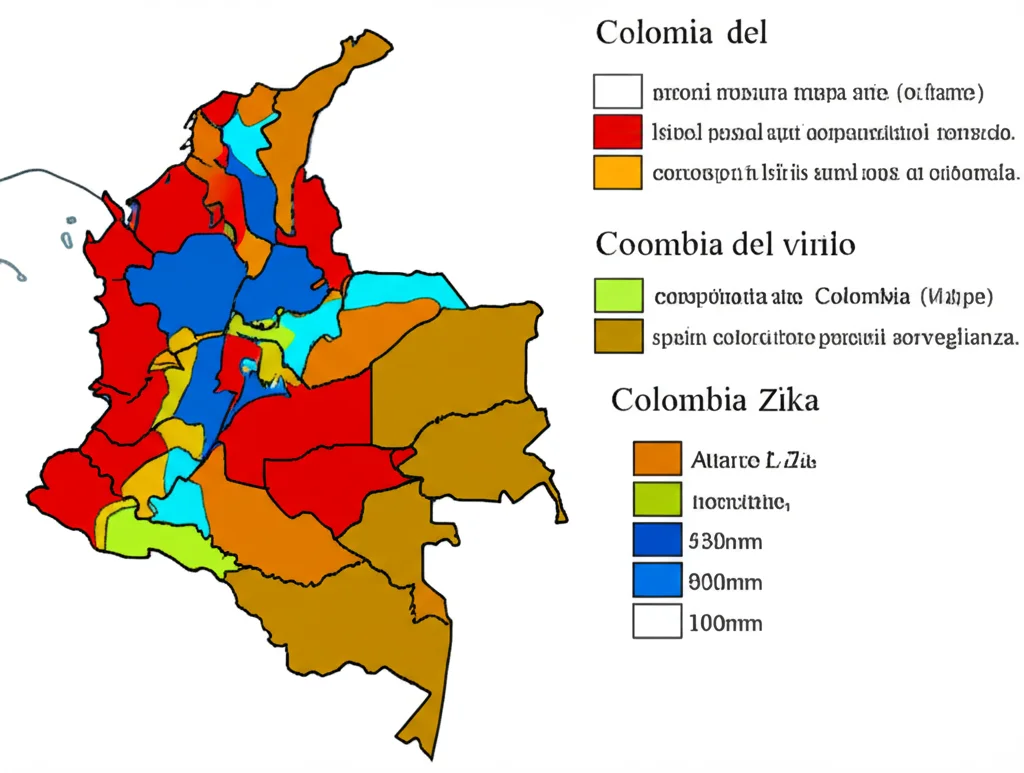 Mappa della Colombia con diverse aree colorate per indicare i tassi di attacco del virus Zika corretti per il bias di sorveglianza, wide-angle, 10mm, sharp focus, con una legenda chiara che spiega i colori, per illustrare la variazione geografica del rischio.