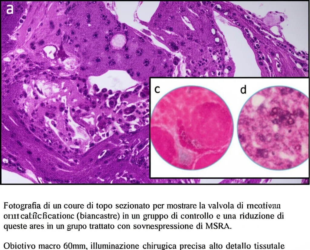 Fotografia di un cuore di topo sezionato per mostrare la valvola aortica, con un dettaglio ingrandito che evidenzia aree di calcificazione (biancastre) in un gruppo di controllo e una riduzione di queste aree in un gruppo trattato con sovraespressione di MSRA. Obiettivo macro 60mm, illuminazione chirurgica precisa, alto dettaglio tissutale.