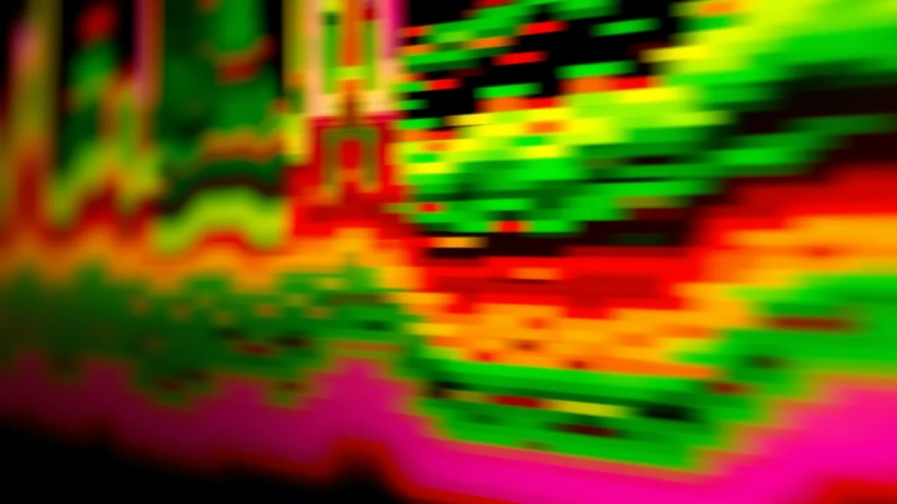 Visualizzazione astratta di uno spettrogramma audio con pattern colorati che si fondono e si sfocano, rappresentando l'effetto dell'operatore di blurring, macro lens, 60mm, high detail, controlled lighting.