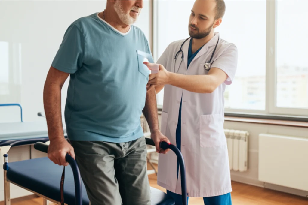 Un paziente in fase di riabilitazione neurologica, assistito da un fisioterapista in un ambiente clinico luminoso, mentre esegue un test di deambulazione. Prime lens, 35mm, profondità di campo per mettere a fuoco il paziente, toni caldi e speranzosi.