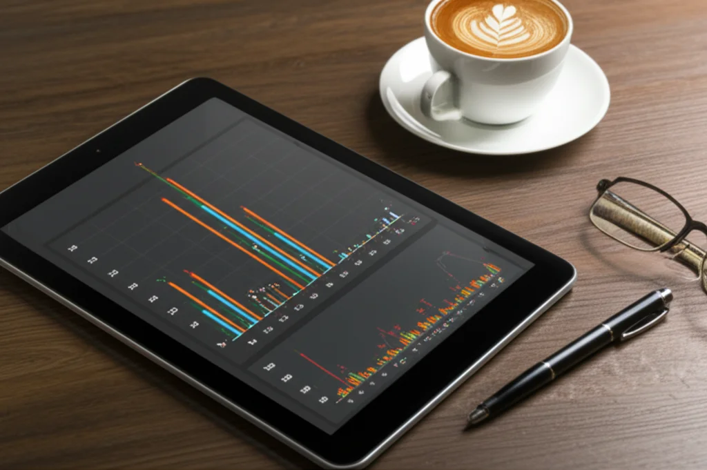 Un grafico stilizzato su uno schermo di tablet che mostra l'andamento della distanza percorsa giornalmente da un paziente, con picchi e valli. Accanto al tablet, una tazza di caffè e un paio di occhiali, suggerendo un'analisi attenta dei dati. Macro lens, 100mm, focus selettivo sul grafico, illuminazione da ufficio controllata.