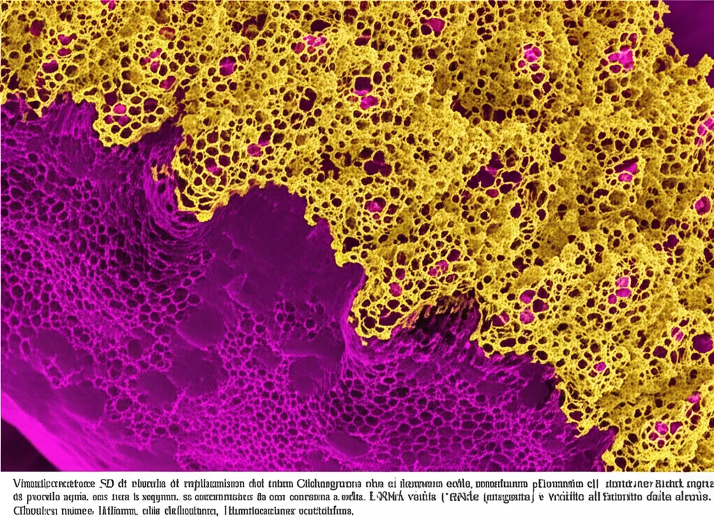 Visualizzazione 3D di sferule di replicazione del virus Chikungunya che si formano sulla membrana plasmatica di una cellula ospite, con la proteina nsP1 (gialla) che si assembla al collo delle sferule, caratterizzato da una curvatura a sella. L'RNA virale (magenta) è visibile all'interno delle sferule. Obiettivo macro 100mm, alta definizione, illuminazione scientifica.