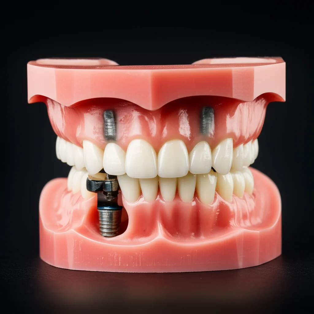 Fotografia di un modello dentale con una protesi a ponte supportata da impianti, uno dei quali con estensione a cantilever chiaramente visibile, luce da studio che crea ombre morbide per definire le forme, obiettivo da ritratto 50mm per una prospettiva naturale e dettagliata del cantilever.