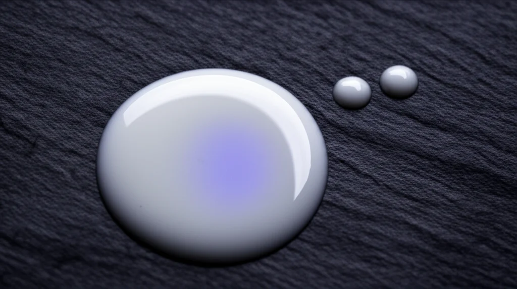 Un primo piano macro di una goccia di latte su una superficie scura, catturato con un obiettivo macro da 100mm, illuminazione controllata per evidenziare la texture e la purezza del latte, ma con un sottile accenno di anomalia nel colore per suggerire la contaminazione virale, alta definizione e messa a fuoco precisa.