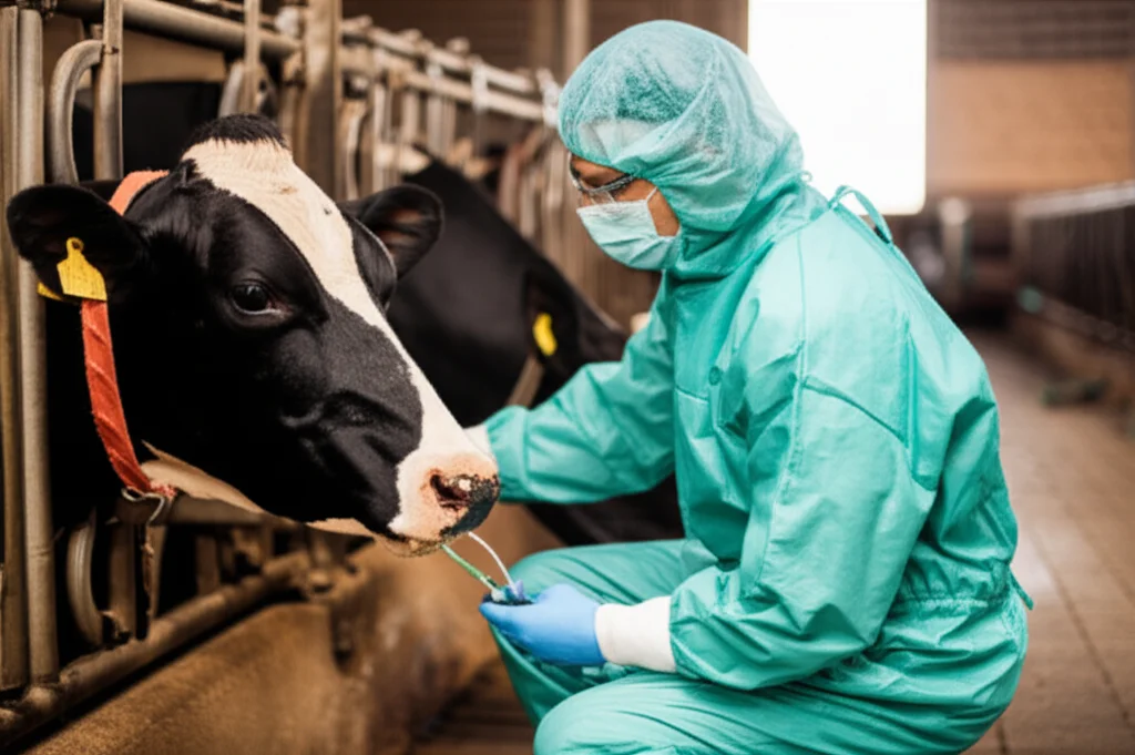 Un veterinario in tuta protettiva completa che effettua un prelievo su una mucca da latte in un ambiente di stalla controllato, immagine scattata con un obiettivo prime da 35mm, con profondità di campo per mettere a fuoco l'interazione e l'attrezzatura, luce che enfatizza la serietà della situazione e la professionalità.