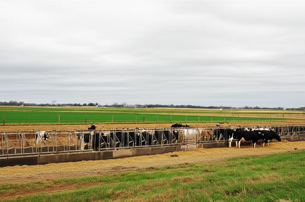 Un paesaggio agricolo statunitense con vasti campi e un allevamento di bovini da latte in lontananza, cielo parzialmente nuvoloso che suggerisce incertezza e la vastità del problema. Obiettivo grandangolare, 10-24mm, per catturare l'ampiezza della scena, messa a fuoco nitida su tutto il paesaggio, luce del tardo pomeriggio.