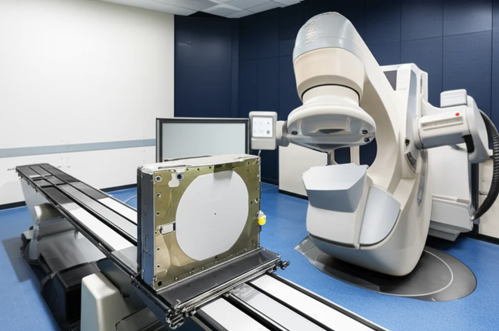 Immagine fotorealistica di un moderno laboratorio di radioterapia. In primo piano, un fantoccio antropomorfo (Catphan) posizionato su un lettino di trattamento, con un acceleratore lineare sullo sfondo. Illuminazione controllata da laboratorio, dettagli nitidi sul fantoccio e sull'apparecchiatura. Obiettivo macro da 85mm, alta definizione, focus preciso.