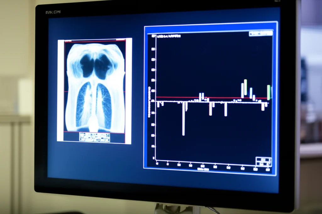 Visualizzazione di un'immagine CBCT di un fantoccio su un monitor ad alta risoluzione in una sala di controllo di radioterapia. L'immagine mostra chiaramente artefatti da scattering e un grafico sovrapposto che indica i livelli di rumore. Dettaglio elevato sul monitor, illuminazione soffusa della stanza. Obiettivo da 50mm, profondità di campo che sfoca leggermente lo sfondo.
