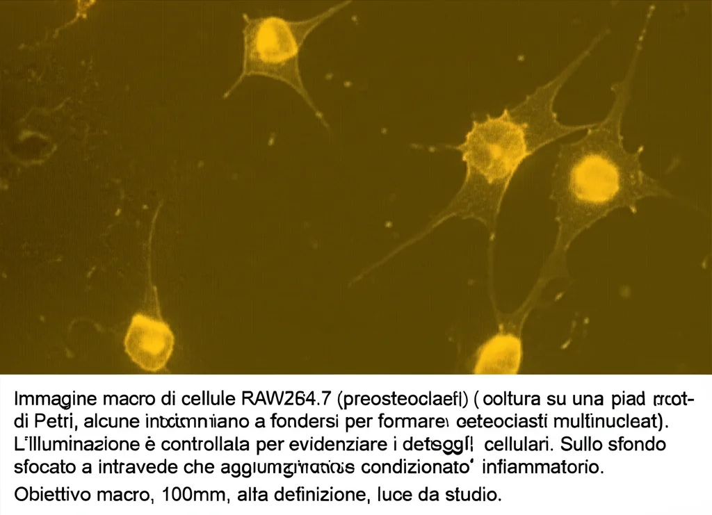 Immagine macro di cellule RAW264.7 (preosteoclasti) in coltura su una piastra di Petri, alcune iniziano a fondersi per formare osteoclasti multinucleati. L'illuminazione è controllata per evidenziare i dettagli cellulari. Sullo sfondo, sfocato, si intravede una pipetta che aggiunge il 'mezzo condizionato' infiammatorio. Obiettivo macro, 100mm, alta definizione, luce da studio.