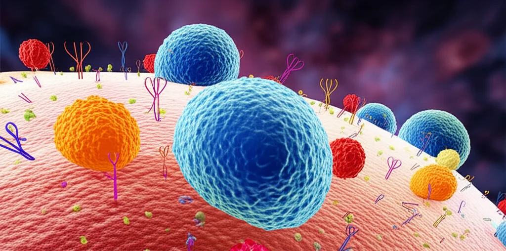 Visualizzazione artistica e fotorealistica di diverse citochine (molecole sferiche di vari colori) che interagiscono con i recettori sulla superficie di un preosteoclasto. L'immagine dovrebbe trasmettere la complessità delle interazioni. Obiettivo prime, 35mm, profondità di campo per mettere a fuoco alcune citochine e la membrana cellulare, sfondo leggermente sfocato.