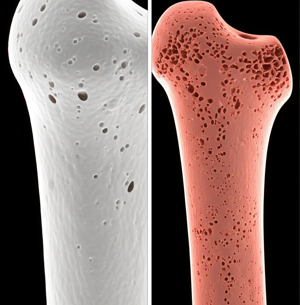 Immagine concettuale fotorealistica di un osso poroso (come nell'osteoporosi) con alcuni osteoclasti visibili sulla sua superficie. In una metà dell'immagine, l'ambiente è sano, nell'altra metà è infiammato (magari con una leggera dominante rossastra e particelle che simboleggiano le citochine). Obiettivo macro, 60mm, illuminazione che crea contrasto tra le due metà, elevato dettaglio della struttura ossea.