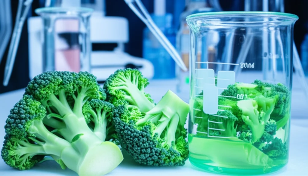 Un'immagine macro di gambi di broccolo freschi e vibranti sezionati, posti accanto a becher di vetro contenenti liquidi chiari e leggermente viscosi (i solventi eutettici profondi). Sullo sfondo, attrezzatura da laboratorio come pipette e agitatori magnetici, il tutto illuminato da una luce da studio controllata per evidenziare i dettagli e la purezza. Obiettivo macro da 60mm, alta definizione, messa a fuoco precisa.
