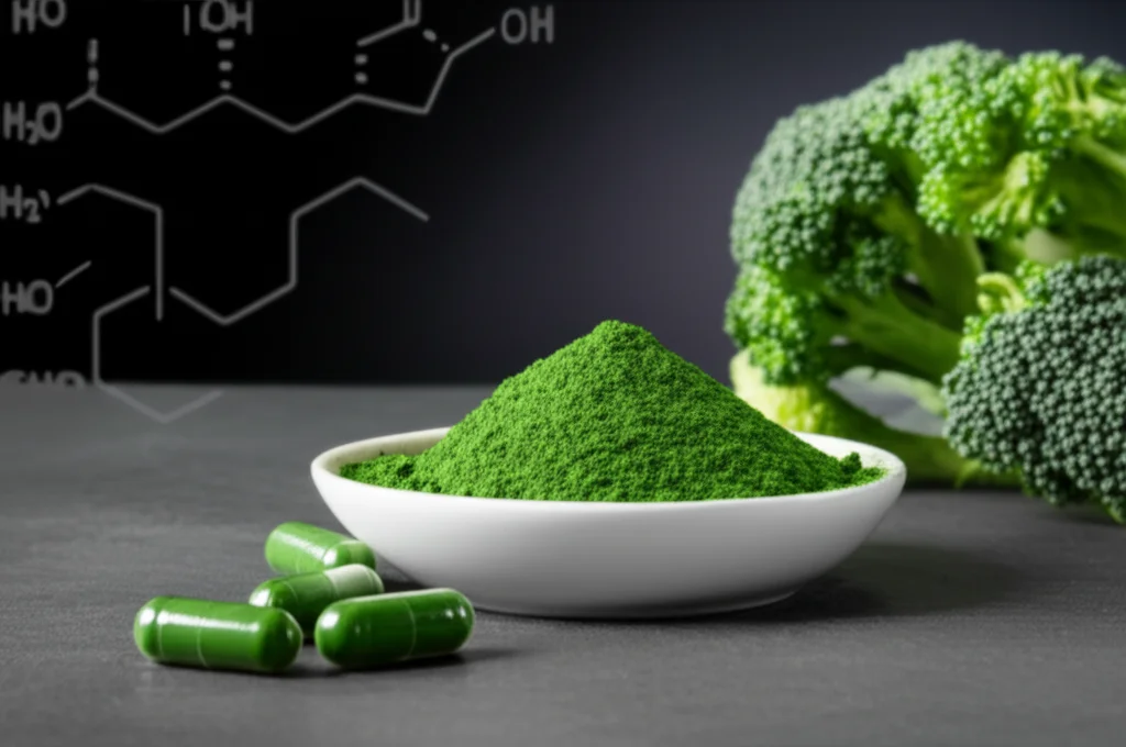 Un'immagine still life di un piatto elegante contenente polvere di polifenoli di colore verde intenso estratta dai broccoli, accanto a capsule nutraceutiche trasparenti riempite con la stessa polvere. Sullo sfondo, un accenno a formule chimiche stilizzate e gambi di broccolo freschi. Illuminazione da studio, obiettivo macro da 100mm, alta definizione, per enfatizzare la finezza della polvere e l'aspetto salutare.