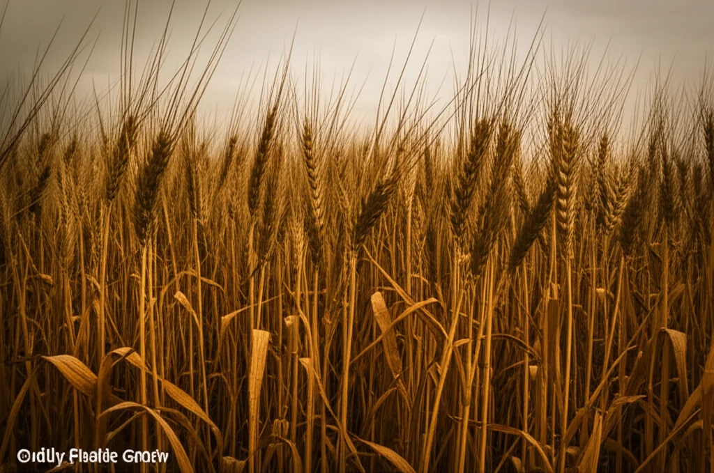 Un campo di grano maturo sotto un cielo oscurato da una densa coltre di fuliggine, luce solare filtrata e debole, effetto macro sulla spiga per dettaglio, illuminazione controllata per enfatizzare la drammaticità. Obiettivo macro 60mm, alta definizione.
