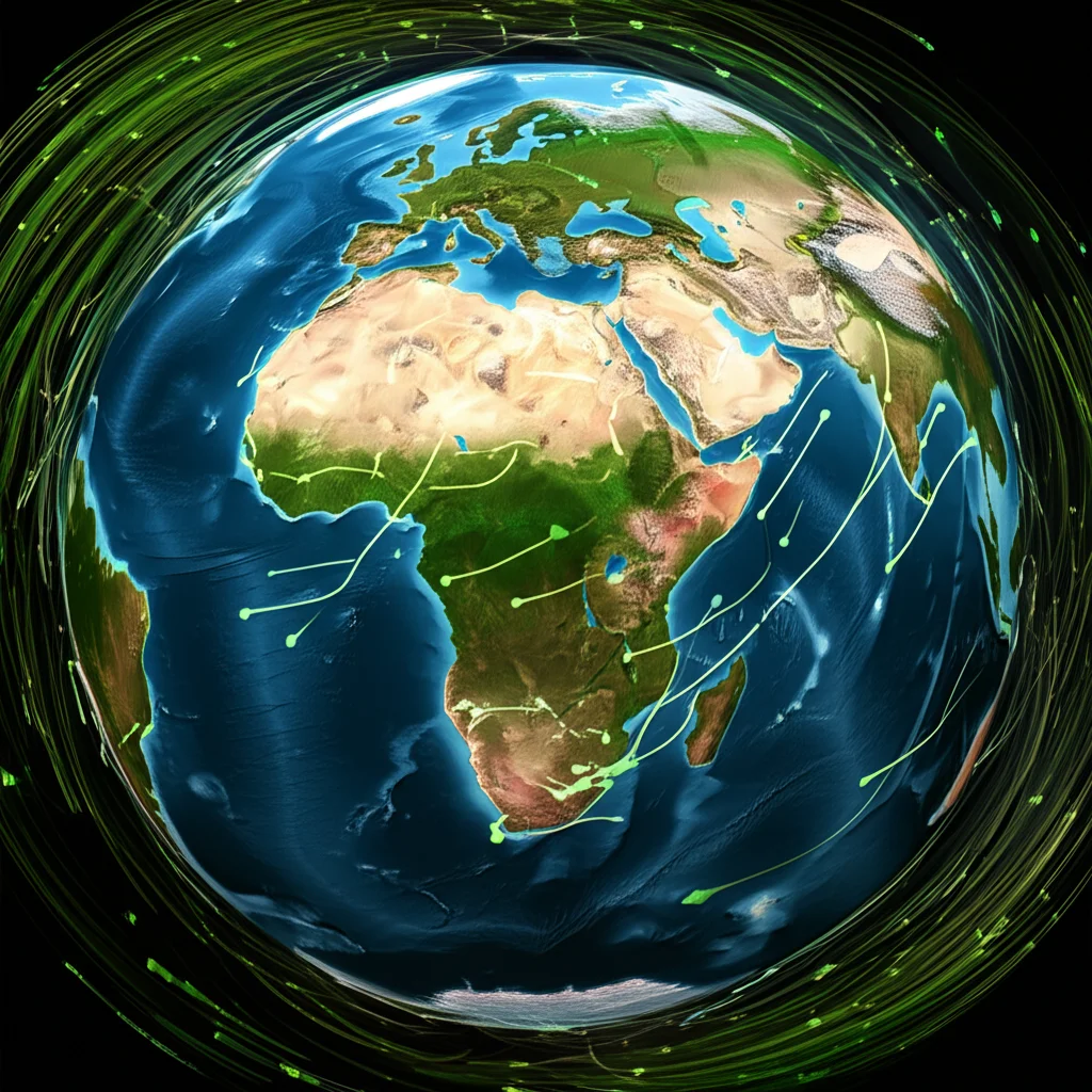 Mappamondo stilizzato con frecce luminose che indicano migrazioni di sementi di cereali da regioni fredde e montuose verso l'equatore e pianure, effetto grandangolare 15mm, focus nitido sulle aree agricole chiave, colori desaturati tranne le frecce che simboleggiano speranza e adattamento.
