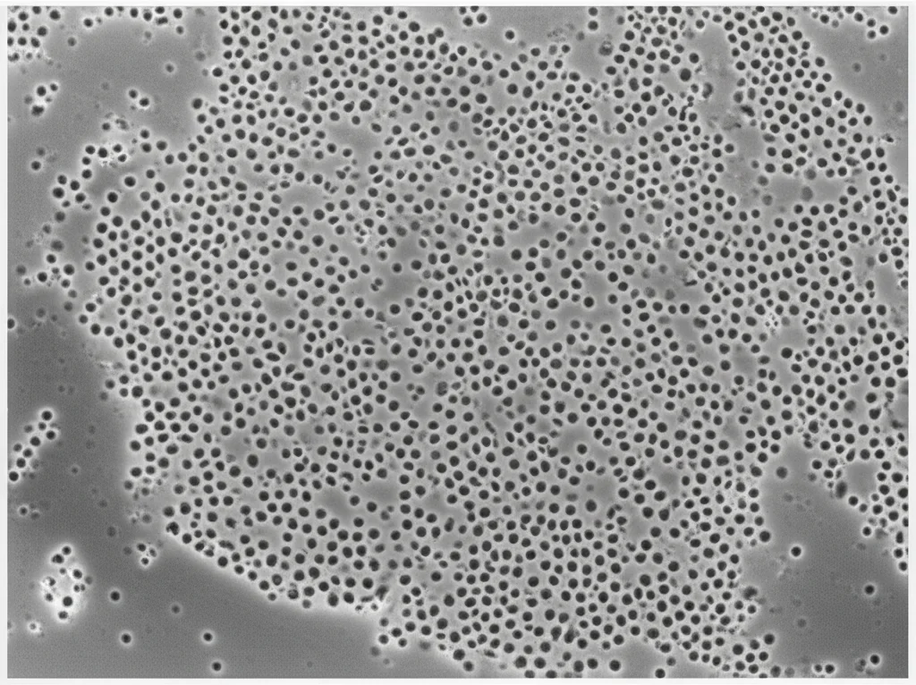 Immagine al microscopio elettronico a trasmissione (TEM), alta risoluzione, bianco e nero, che mostra piccole vescicole extracellulari (sEV) sferiche, di circa 100-150 nm, con una chiara doppia membrana lipidica, isolate da cellule staminali mesenchimali. Utilizzare un obiettivo macro da 100mm per dettagli precisi e illuminazione controllata.