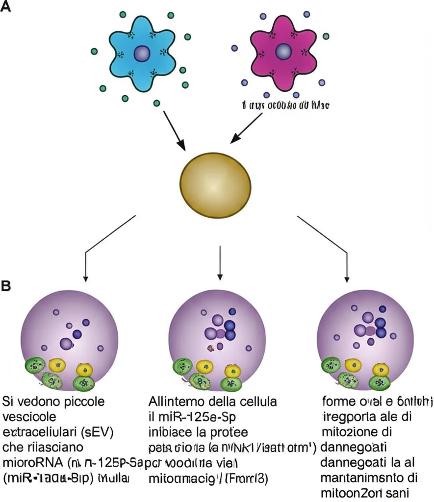 Illustrazione concettuale, stile infografica medica, con colori vivaci ma chiari. Si vedono piccole vescicole extracellulari (sEV) che rilasciano microRNA (miR-125a-5p) in una cellula di Müller. All'interno della cellula, il miR-125a-5p inibisce la proteina PTP1B, attivando la via della mitofagia (PINK1/Parkin) che porta alla rimozione di mitocondri danneggiati (rappresentati con colori scuri e forme irregolari) e al mantenimento di mitocondri sani (colori brillanti e forme ovali).
