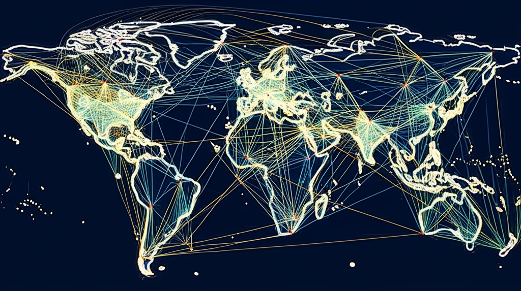 Immagine fotorealistica di una rete di collaborazione stilizzata, con nodi luminosi che rappresentano istituzioni di ricerca e linee che indicano le collaborazioni, particolarmente dense tra USA e Cina. Obiettivo grandangolare, 10mm, per dare un senso di connessione globale, con dettagli nitidi sui nodi principali.