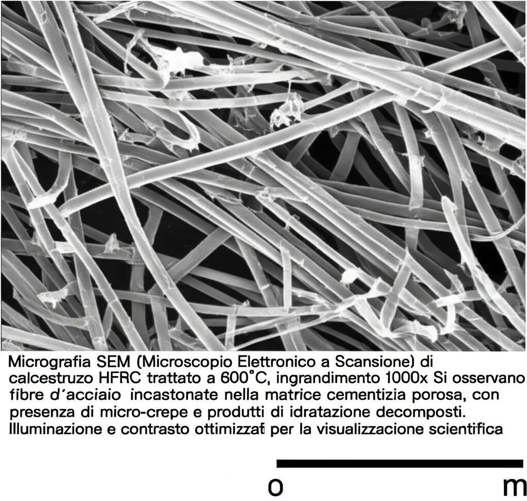 Micrografia SEM (Microscopio Elettronico a Scansione) di calcestruzzo HFRC trattato a 600°C, ingrandimento 1000x. Si osservano fibre d'acciaio incastonate nella matrice cementizia porosa, con presenza di micro-crepe e prodotti di idratazione decomposti. Illuminazione e contrasto ottimizzati per la visualizzazione scientifica.