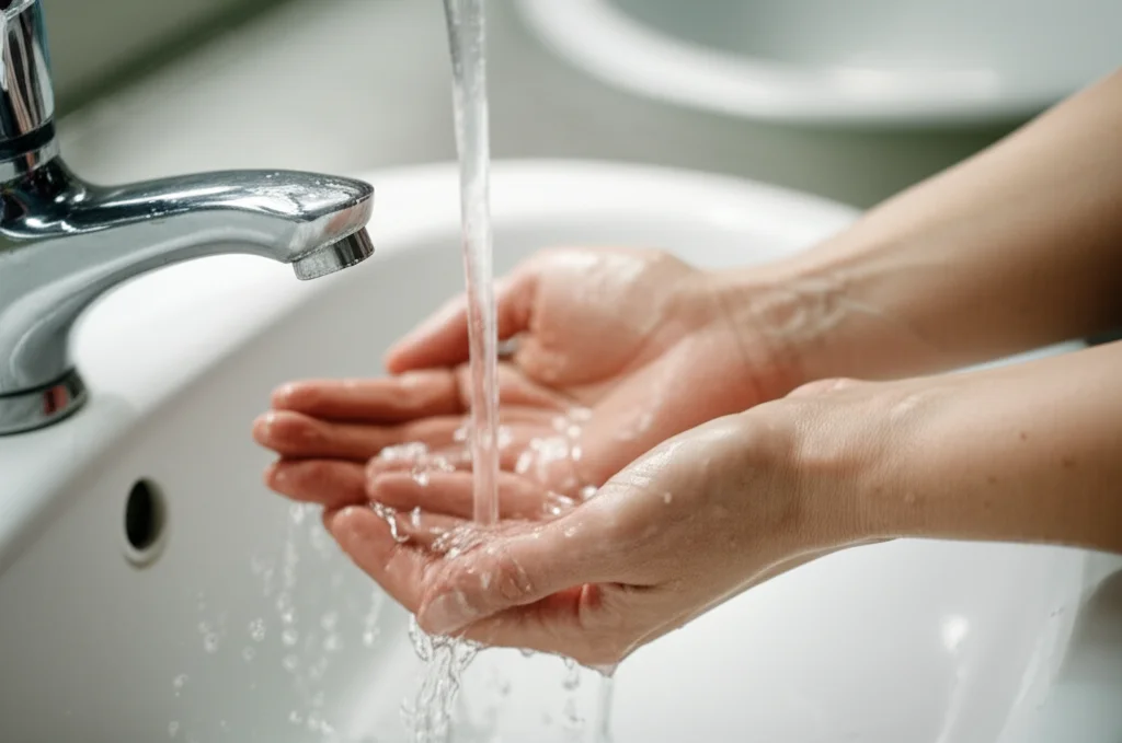 Macro shot di mani che si lavano accuratamente con sapone sotto l'acqua corrente in un lavandino universitario. Dettaglio elevato sulle gocce d'acqua e sulla schiuma. Illuminazione controllata per enfatizzare la pulizia. Obiettivo macro da 90mm.