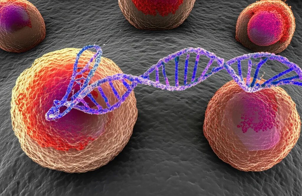 Immagine concettuale astratta, stile macrofotografia scientifica, 60mm, che mostra filamenti luminosi di lncRNA (blu e viola duotone) che interagiscono con cellule tumorali gastriche stilizzate (rosse e grigie). Sottili particelle di ferro (color ruggine) sono visibili vicino alle cellule, e alcune cellule mostrano segni di frammentazione, suggerendo la ferroptosi. Illuminazione controllata, alto dettaglio, focus preciso su un'interazione chiave.