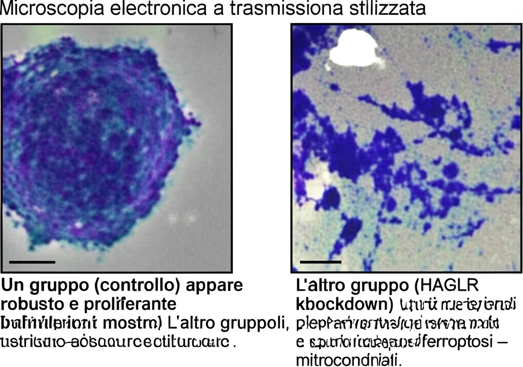 Microscopia elettronica a trasmissione stilizzata, 100mm macro lens, che mostra due gruppi di cellule tumorali gastriche. Un gruppo (controllo) appare robusto e proliferante. L'altro gruppo (HAGLR knockdown) mostra cellule con mitocondri più piccoli, membrane esterne rotte e segni di apoptosi/ferroptosi. Alto dettaglio, illuminazione da laboratorio, focus sulle differenze morfologiche mitocondriali.