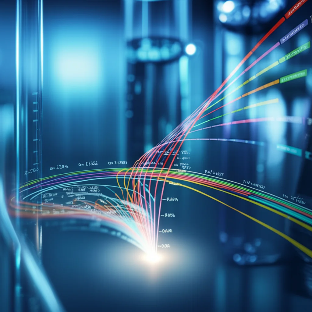 Visualizzazione artistica 3D di un nomogramma medico futuristico, obiettivo macro 90mm, proiettato olograficamente sopra una scrivania da laboratorio con provette e vetrini sullo sfondo. Il nomogramma mostra linee e scale colorate che convergono verso un punto di predizione. Illuminazione controllata, alta definizione, focus sul punto di convergenza del nomogramma. Colori dominanti blu freddo e bianco.