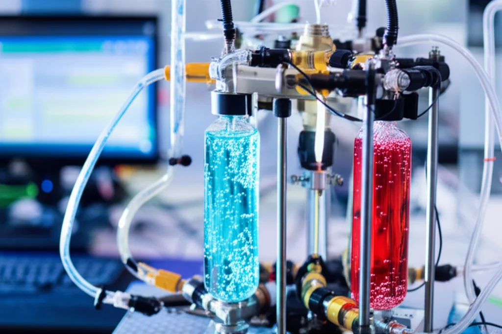 Fotografia di un elettrolizzatore PEM compatto e moderno in funzione in un laboratorio di ricerca avanzata, con tubi trasparenti che mostrano il flusso di acqua e la produzione di bolle di gas (idrogeno e ossigeno separati). Prime lens, 35mm, depth of field, con focus sull'unità centrale dell'elettrolizzatore e strumentazione di controllo visibile sullo sfondo. L'illuminazione è pulita e tecnica.