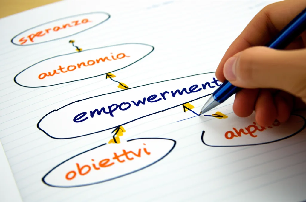 Una lavagna a fogli mobili in un'aula di formazione, con scritte colorate e diagrammi che illustrano concetti come 'speranza', 'autonomia', 'obiettivi'. Accanto, una mano sta scrivendo la parola 'empowerment'. Fotografia di still life, obiettivo macro da 60mm, alta definizione, illuminazione controllata per evidenziare i dettagli delle scritte.
