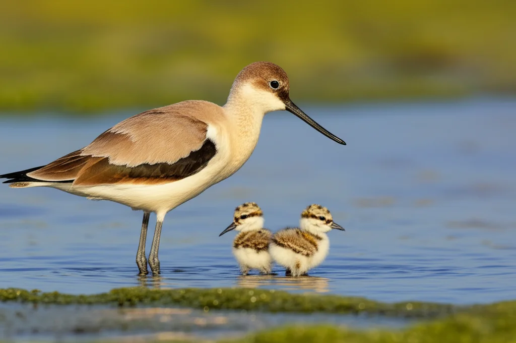 Un'Avocetta collorosso adulta che accudisce i suoi pulcini appena schiusi in un nido rudimentale sul terreno fangoso di una zona umida australiana, macro lens, 105mm, high detail, precise focusing, luce calda del mattino, i pulcini sono piccoli e ricoperti di piumino.