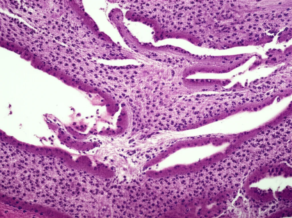 Fotografia macro con obiettivo da 60mm di una sezione di tessuto cardiaco suino danneggiato da infarto, che mostra aree di fibrosi biancastra accanto a tessuto muscolare rosso scuro ancora sano, illuminazione controllata per evidenziare i dettagli della patologia cardiaca e la texture del tessuto.