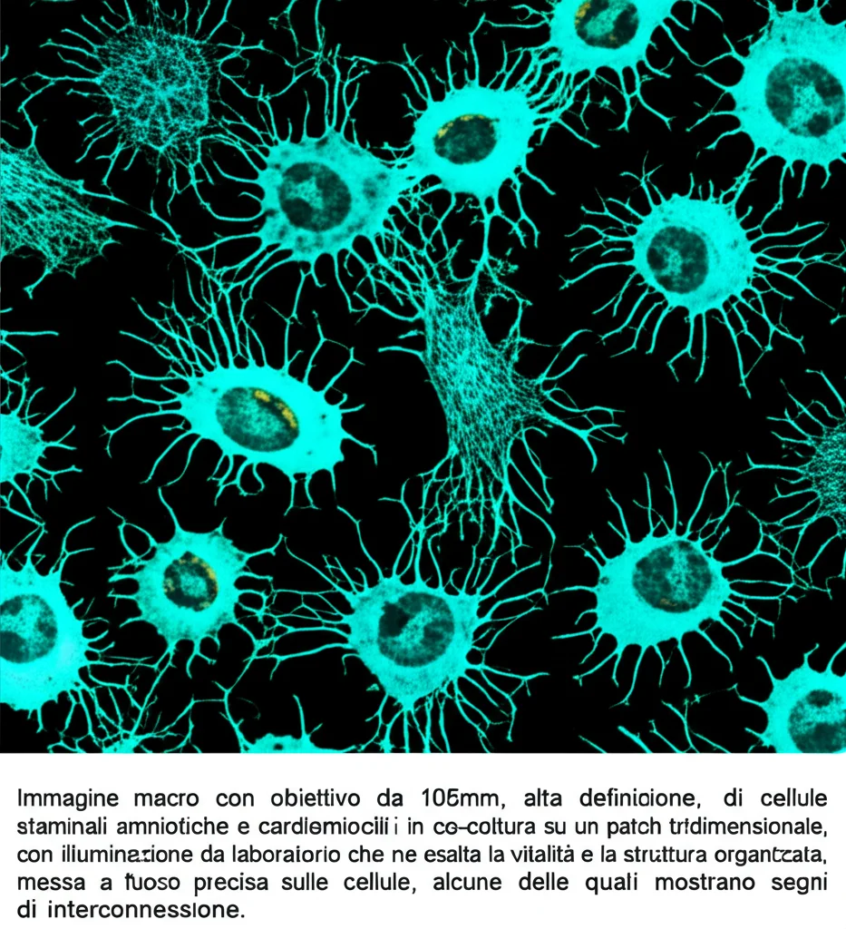 Immagine macro con obiettivo da 105mm, alta definizione, di cellule staminali amniotiche e cardiomiociti in co-coltura su un patch tridimensionale, con illuminazione da laboratorio che ne esalta la vitalità e la struttura organizzata, messa a fuoco precisa sulle cellule, alcune delle quali mostrano segni di interconnessione.
