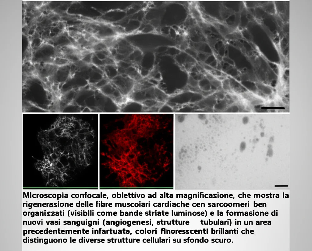 Microscopia confocale, obiettivo ad alta magnificazione, che mostra la rigenerazione delle fibre muscolari cardiache con sarcomeri ben organizzati (visibili come bande striate luminose) e la formazione di nuovi vasi sanguigni (angiogenesi, strutture tubulari) in un'area precedentemente infartuata, colori fluorescenti brillanti che distinguono le diverse strutture cellulari su sfondo scuro.