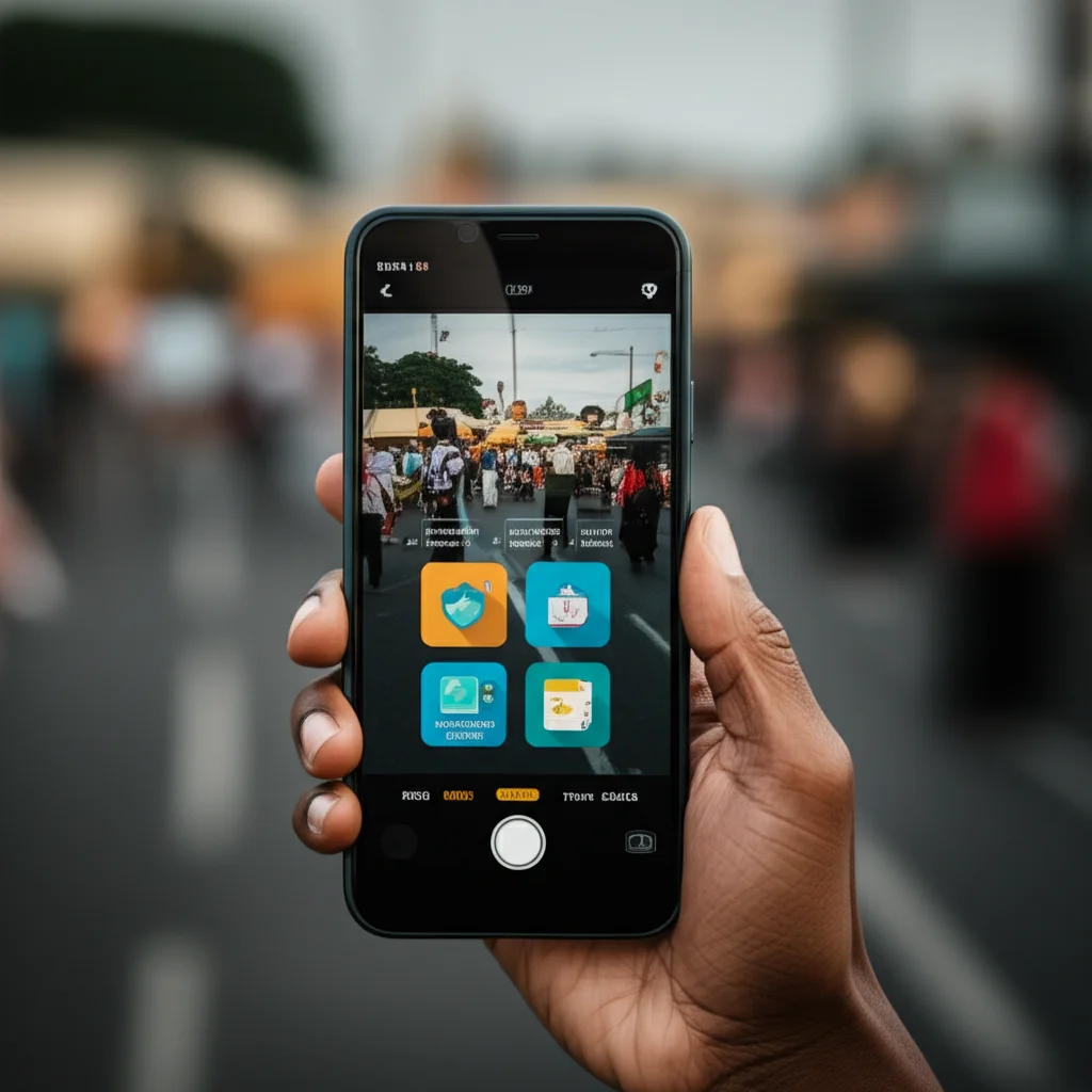 Primo piano di uno smartphone tenuto da una mano scura, con un'interfaccia utente chiara e semplice per l'assicurazione sanitaria in Ghana. Si vedono icone per 'promemoria rinnovo', 'registrazione mobile', 'salvadanaio digitale' e 'trova clinica'. Lo sfondo è leggermente sfocato e mostra un contesto urbano ghanese. Macro lens 100mm, high detail, precise focusing, controlled lighting.