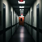Fotografia drammatica di un corridoio d'ospedale vuoto con una luce d'emergenza rossa lampeggiante, obiettivo 24mm, profondità di campo che sfoca il fondo, atmosfera tesa, stile film noir.
