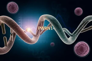 Illustrazione concettuale di un filamento di lncRNA PWRN1 stilizzato che si lega a cellule tumorali del seno, con un grafico di prognosi in declino sullo sfondo. Prime lens, 35mm, depth of field, con colori scuri e un punto luce sul PWRN1 per enfatizzarne l'importanza.