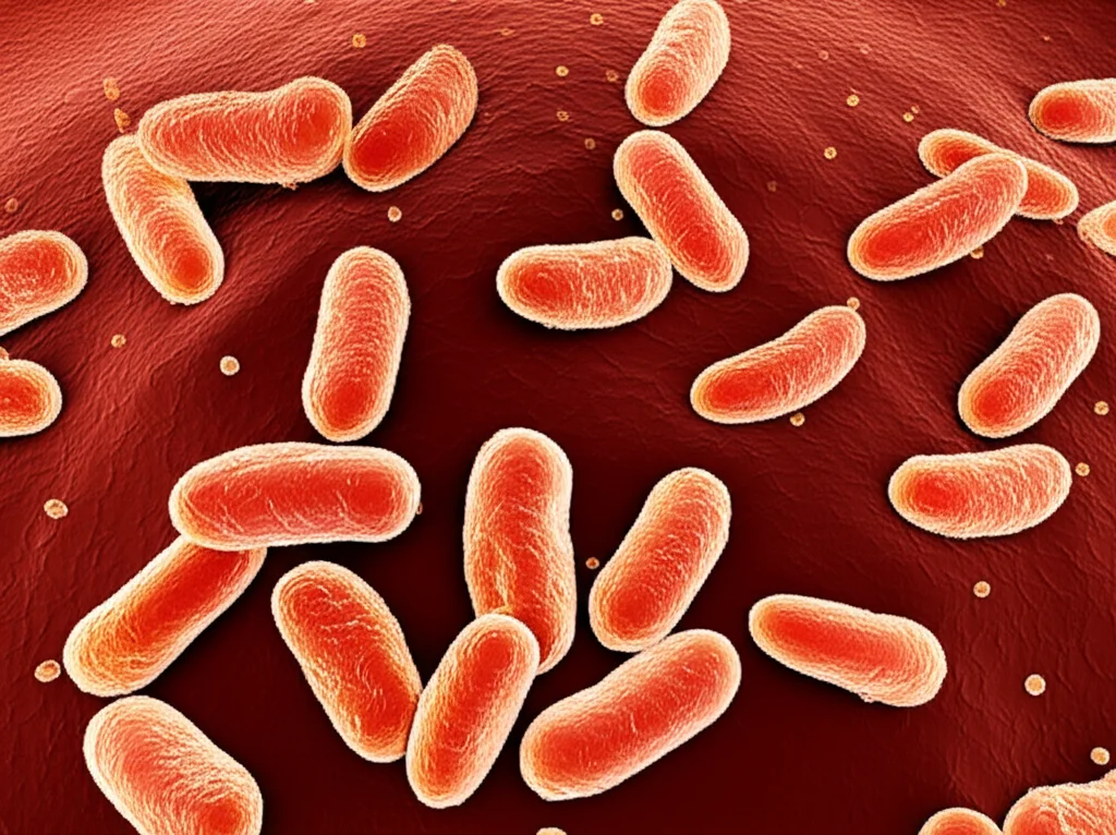 Immagine al microscopio elettronico a scansione (SEM) di batteri Staphylococcus aureus di forma sferica (cocchi) raggruppati a grappolo. Colori scientifici migliorati per la visualizzazione, ad esempio duotone blu e oro. Obiettivo macro simulato, alta definizione, per evidenziare la struttura tridimensionale dei batteri.