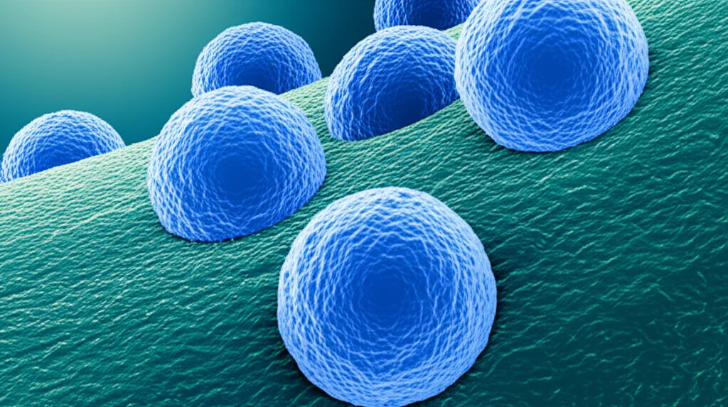 Immagine concettuale al microscopio elettronico di vescicole extracellulari (sEVs) di colore blu brillante che interagiscono con cellule della polpa dentale di colore verde, con un focus sulla rigenerazione tissutale. Lente macro, alta definizione, illuminazione drammatica per evidenziare le strutture nanoscopiche, duotone blu e verde.