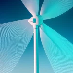 Immagine concettuale di una turbina eolica NREL 5MW con sovrapposta una visualizzazione high-tech della sua scia simulata utilizzando metodi computazionali avanzati come ST-IGA e CDM. Effetto futuristico ma fotorealistico, dettagli nitidi sulla turbina e sulla scia digitale, obiettivo 35mm, profondità di campo.