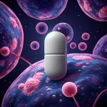 Immagine concettuale fotorealistica che mostra una pillola di Pioglitazone che dissolve strutture simili a cellule tumorali prostatiche su uno sfondo medico astratto blu e viola. Obiettivo prime 35mm, profondità di campo, illuminazione suggestiva che evidenzia la pillola.